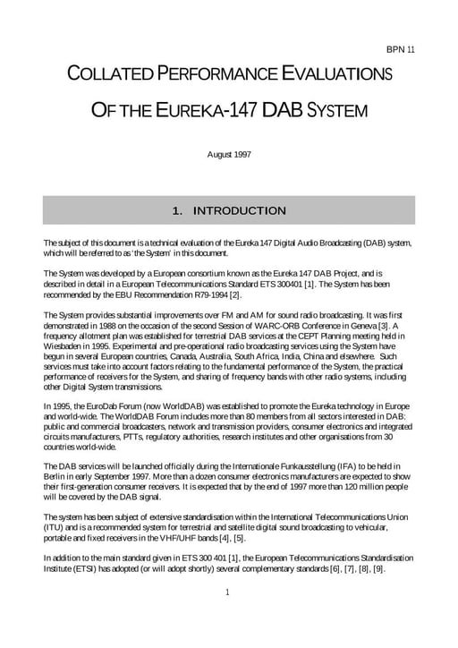 Collated Performance - Evaluations of the Eureka-147 DAB system