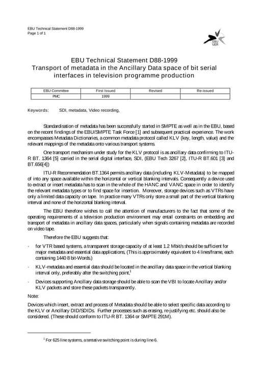 Transport of metadata in the Ancillary Data space of bit serial interfaces