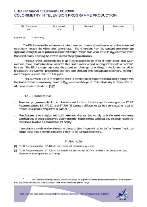 Colorimetry in television programme production