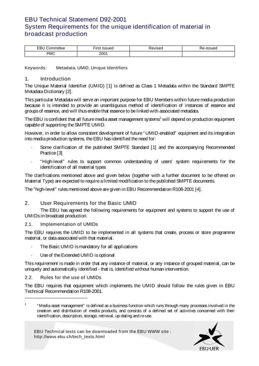 Requirements for the unique identification of material in production