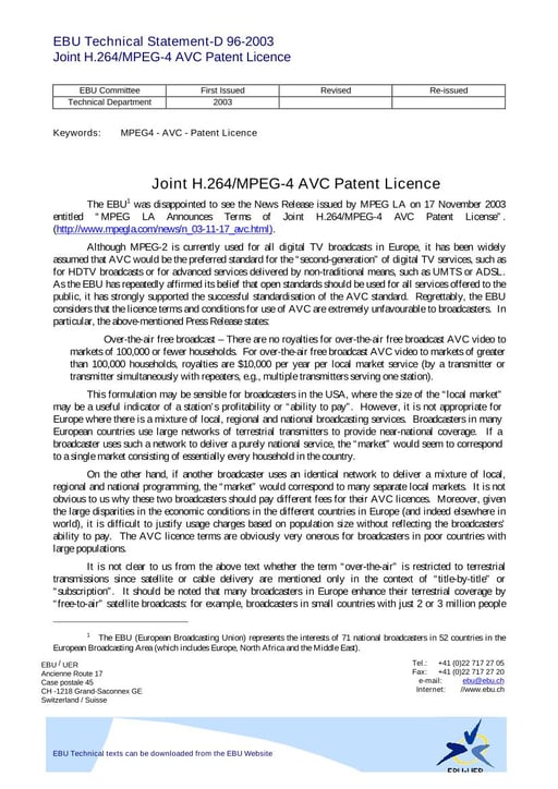 EBU Statement on the Joint H.264/MPEG-4 AVC Patent Licence