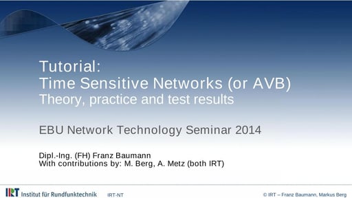 TUTORIAL. Time Sensitive Networks (or AVB) - Franz Baumann, M. Berg, A. Metz - Dipl.-Ing. (FH), IRT, IRT