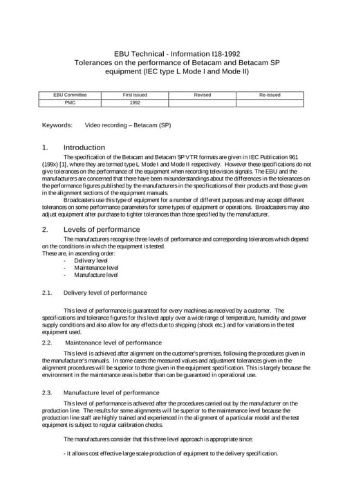 Performance tolerances of Betacam (IEC type L Mode I & Mode II)