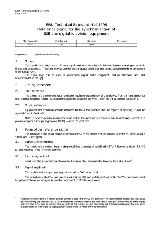 Reference signal for the synchronisation of 625-line digital TV equipment