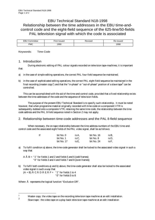 Relationship EBU time-and-control code and the eight-field sequence
