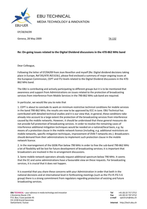On‐going issues related to the Digital Dividend discussions