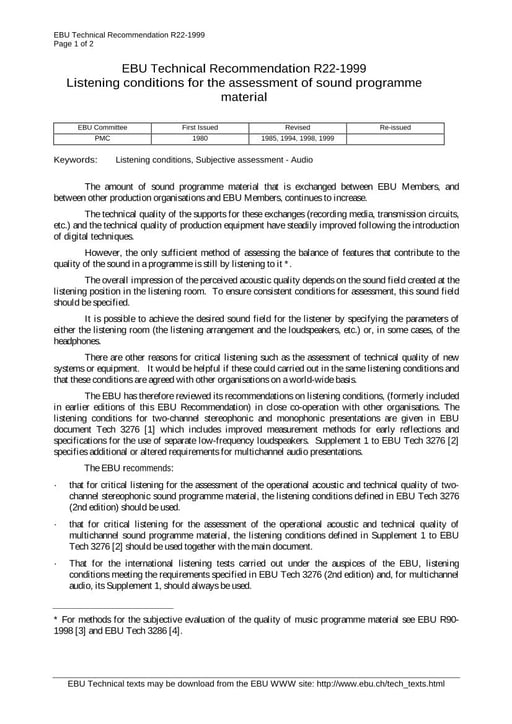 Listening conditions for the assessment of sound programme material