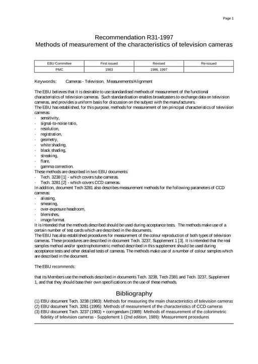 Methods of measurement of the characteristics of television cameras