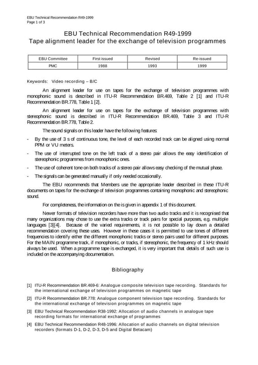 Tape alignment leader for the exchange of television programmes