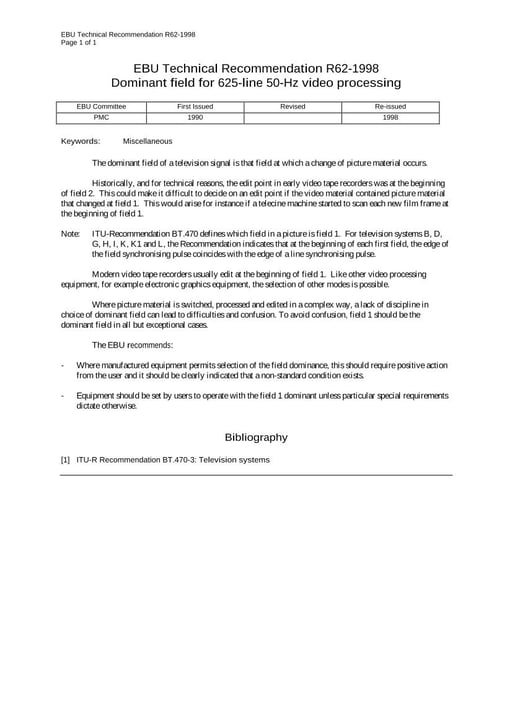 Recommended dominant field for 625-line 50-Hz video processing