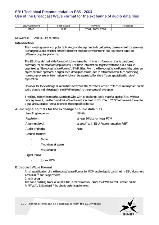 Use of the Broadcast Wave Format for the exchange of audio data files