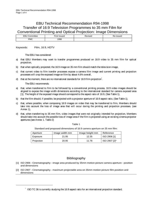 Transfer of 16:9 TV Programmes to 35 mm Film for Conventional Printing