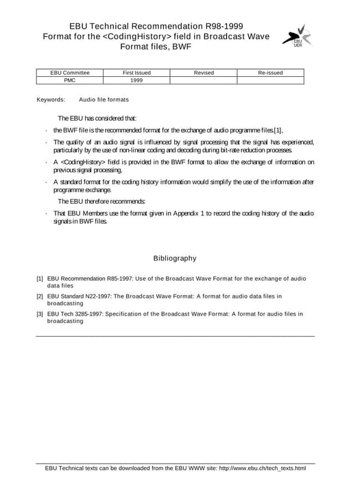 Format for CodingHistory field in Broadcast Wave Format files, BWF