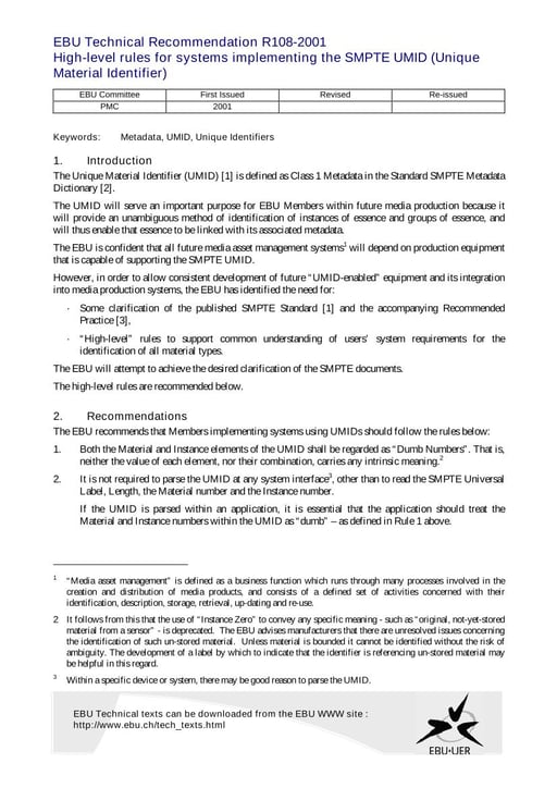 High-level rules for systems implementing the SMPTE UMID