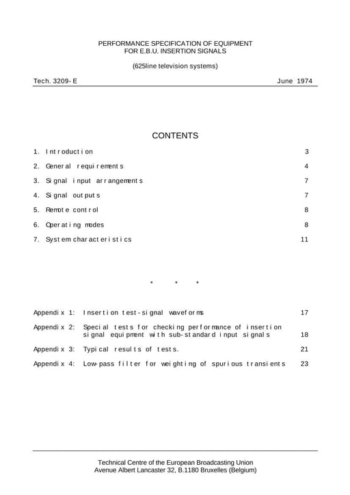 Performance of Equipment for EBU Insertion Signals (625 lines)