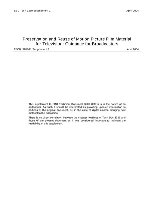 Preservation and Reuse of Film Material for Television - Supplement 1