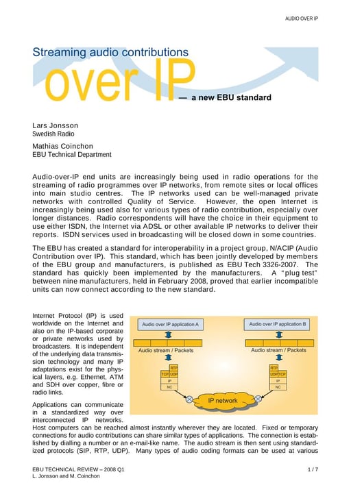Streaming audio contributions over IP — a new EBU standard