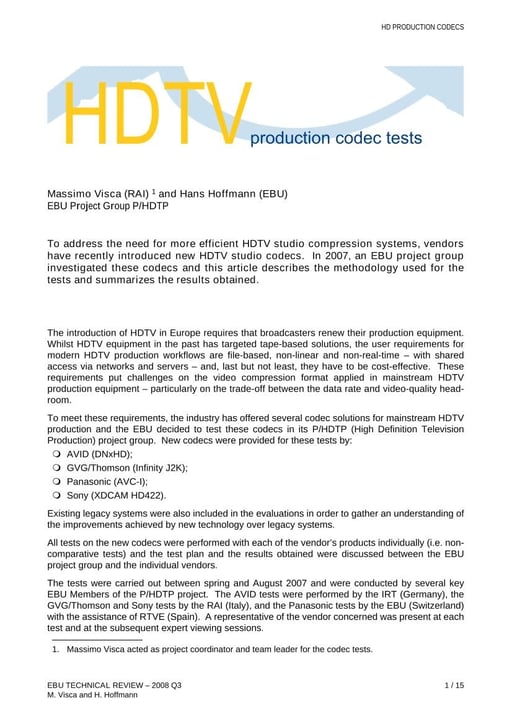 HDTV production codecs tests