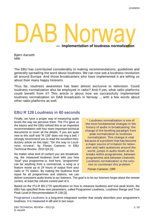 DAB Norway - Implementation of loudness normalization
