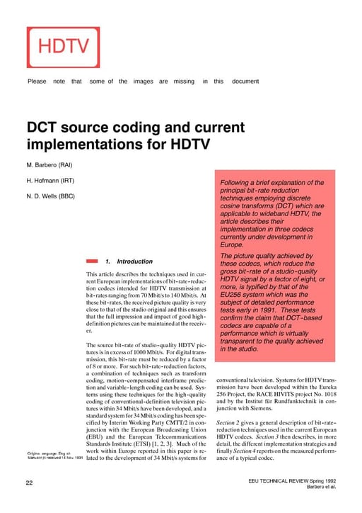 DCT source coding and current implementations for HDTV