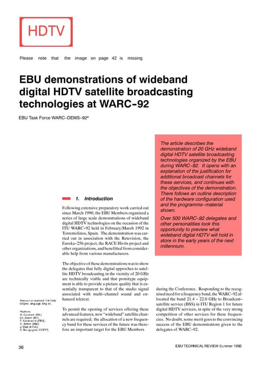 Wideband digital HDTV satellite broadcasting technologies at WARC-92
