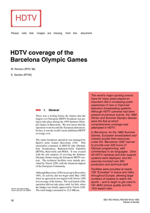 HDTV coverage of the Barcelona Olympic Games