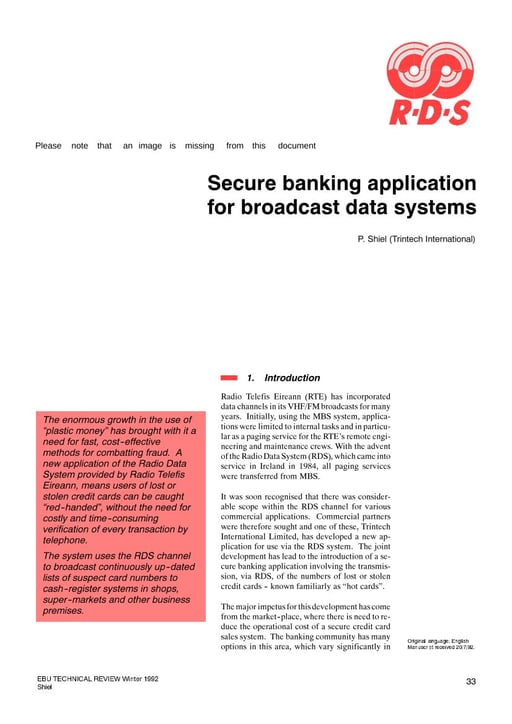 Secure banking application for broadcast data systems