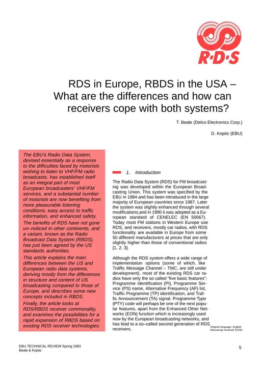 RDS in Europe, RBDS in the USA