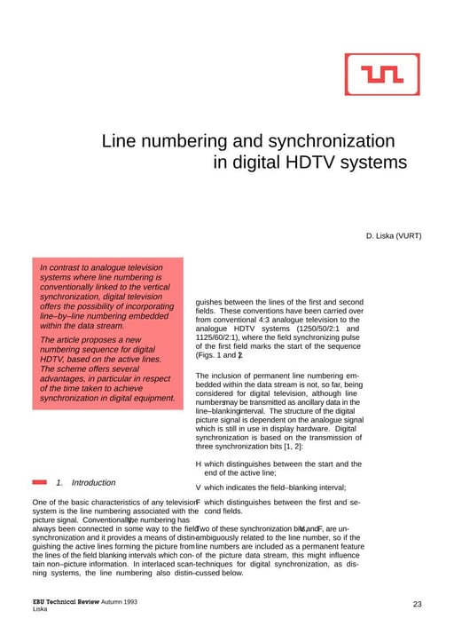 Line numbering and synchronization in digital HDTV systems
