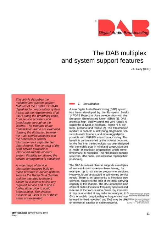 DAB multiplex and system support features