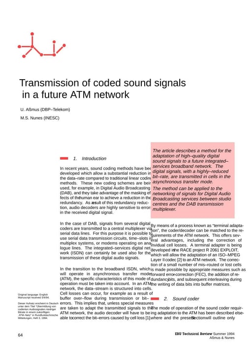 Transmission of coded sound signals in a future ATM network
