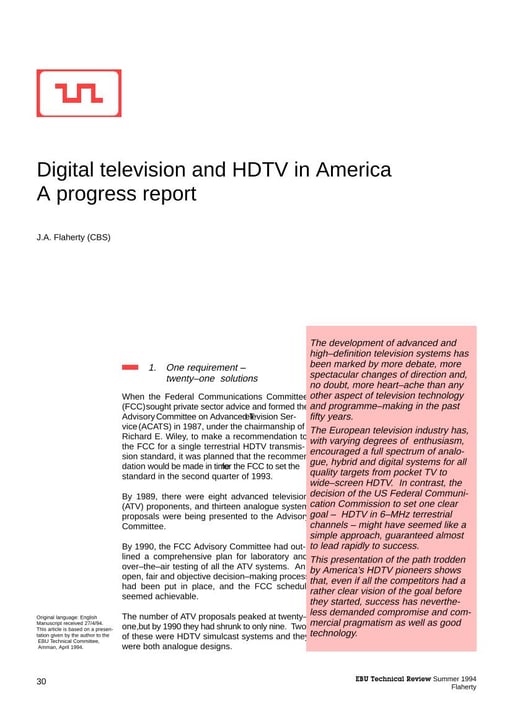 Digital television and HDTV in America – A progress report