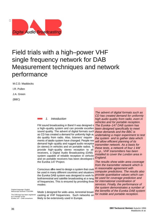Field trials with a high-power VHF single frequency network for DAB
