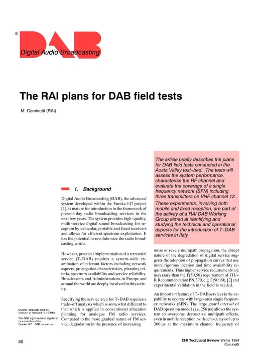The RAI plans for DAB field tests