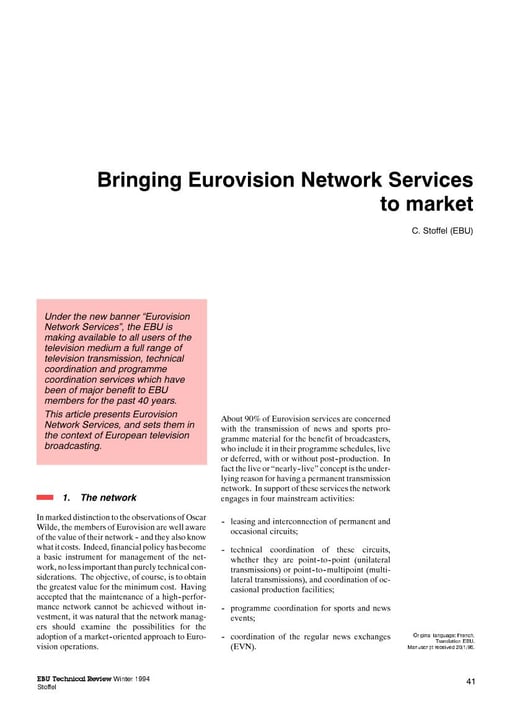 Bringing Eurovision Network Services to market