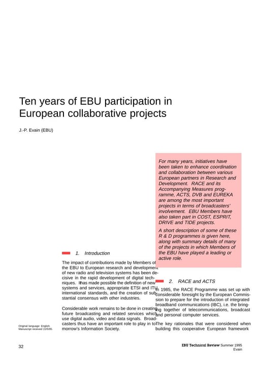 Ten years of EBU participation in European collaborative projects