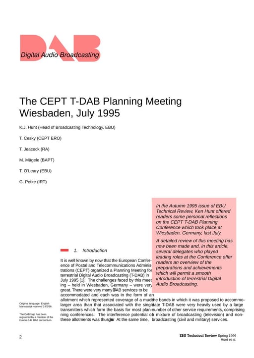 The CEPT T-DAB Planning Meeting – Wiesbaden, July 1995