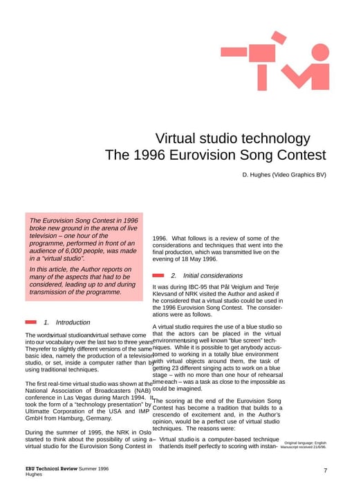 Virtual studio technology: the 1996 Eurovision Song Contest