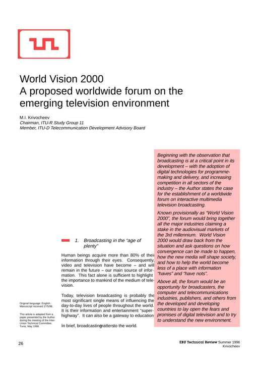 World Vision 2000: a proposed worldwide forum on the emerging TV