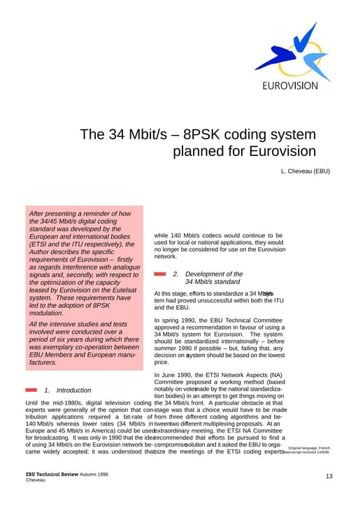 The 34 Mbit/s – 8PSK coding system for Eurovision