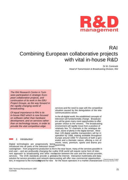 RAI – Combining European collaborative projects with vital in-house R&D