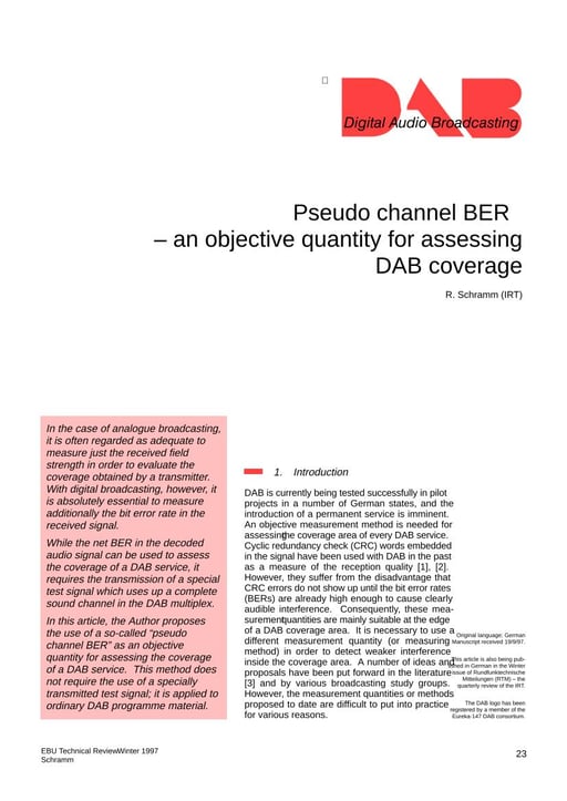 Pseudo channel BER — assessing DAB coverage