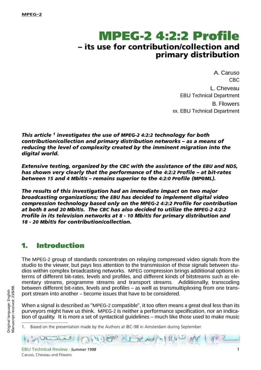 MPEG-2 4:2:2 Profile — its use for contribution/collection/distribution
