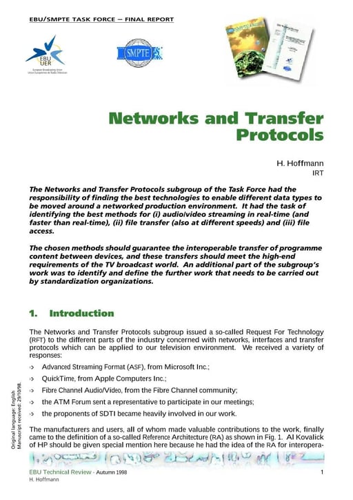 EBU/SMPTE Task Force: Networks and Transfer Protocols