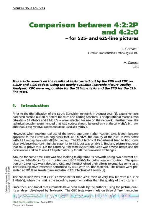 Comparison between 4:2:2P and 4:2:0 — for 525- and 625-line pictures