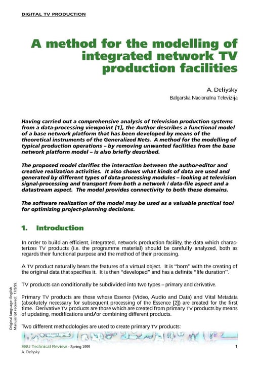 A method for the modelling of integrated network TV production facilities