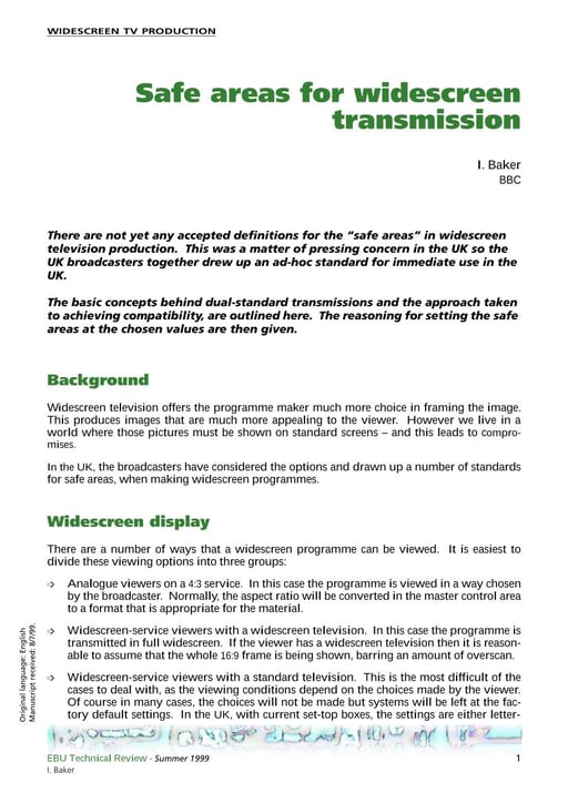 Safe areas for widescreen transmission