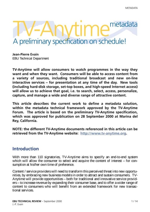 TV-Anytime metadata – a preliminary specification on schedule!