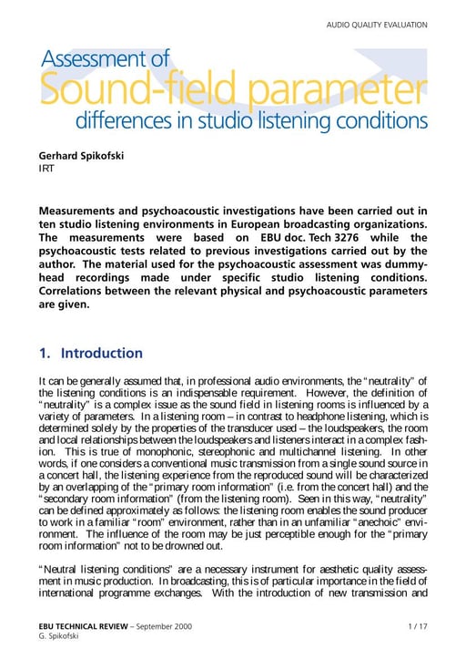 Sound-field parameter differences in studio listening conditions