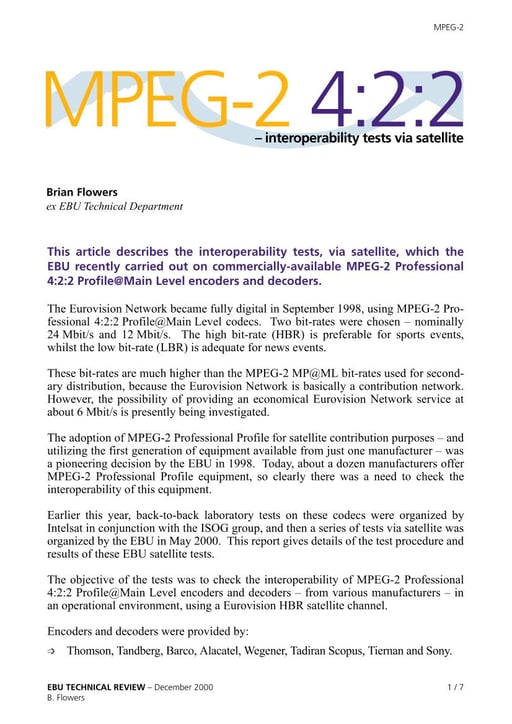 MPEG-2 4:2:2 interoperability tests via satellite